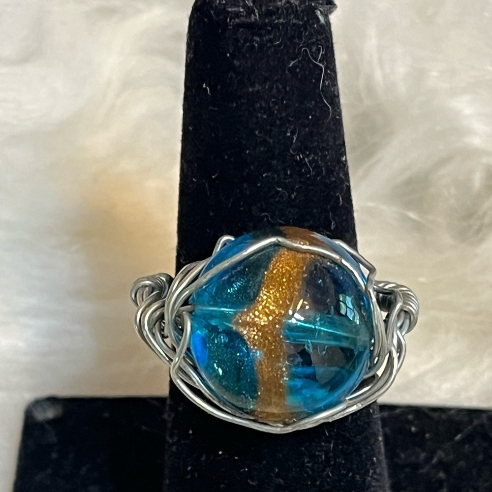 Handmade Dichroic Teal Gold Sparkle Ring